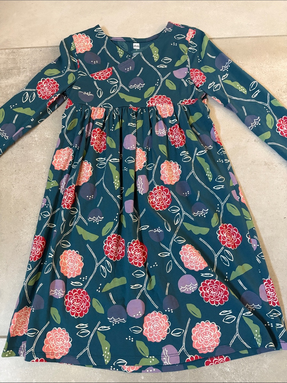 Tea Collection Girls' Floral Long Sleeve Dress - Teal with Pink & Red Flowers